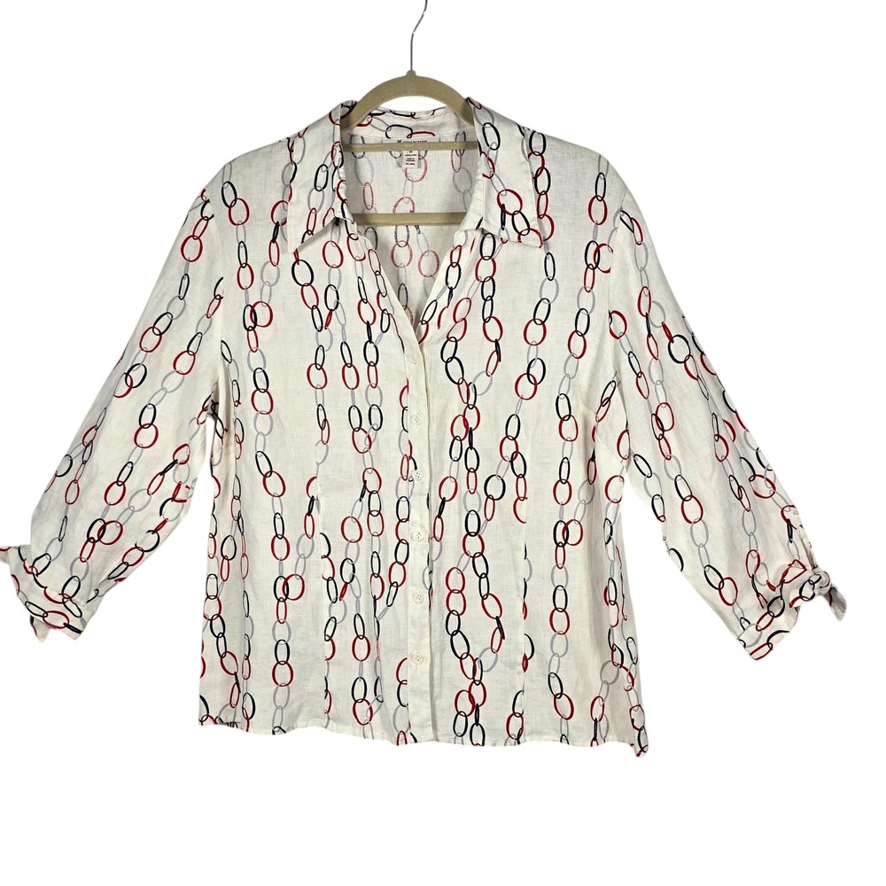 JM‎ Collection Womens 14 Linen Button Down Shirt 3/4 Tie Sleeve Chain Link White